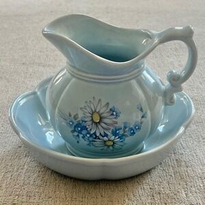 Vintage McCoy Pottery 7528 Blue Floral Pitcher and Basin Set Daisy Ceramic Decor
